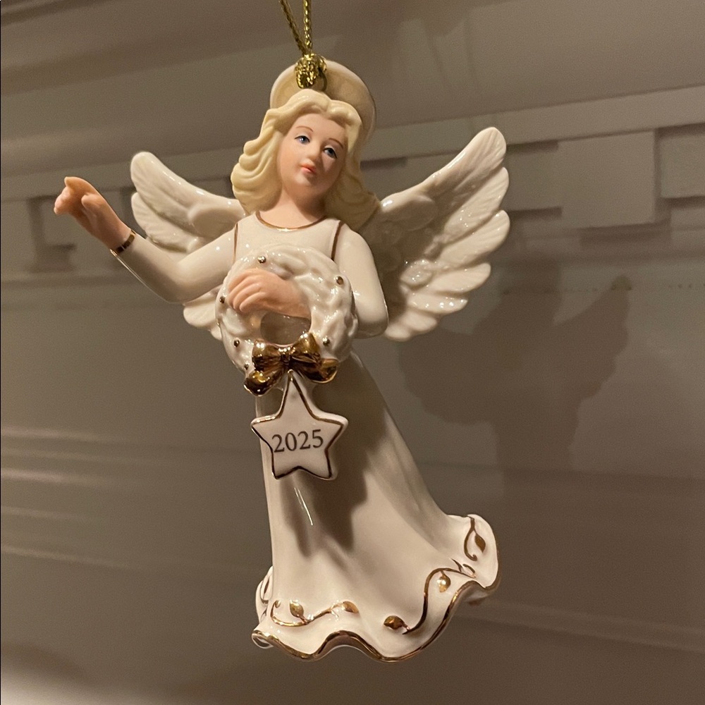 Lenox Angel Ornament 2025 Ivory with Gold Trim Details ~ Gold tassel cord